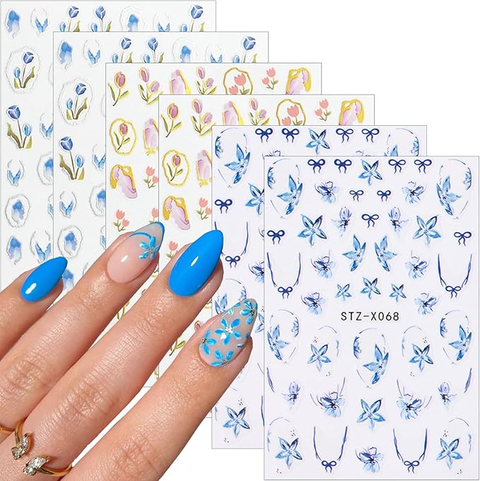 6Sheets Spring French Nail Stickers 3D Self Adhesive Flower Nail Decals Elegant Tulip Flower Bow Nails Art Stickers Blue Hibiscus Floral Nails Art Design Supplies for Women Girls DIY French Manicure