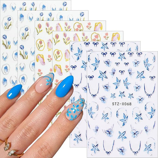 6Sheets Spring French Nail Stickers 3D Self Adhesive Flower Nail Decals Elegant Tulip Flower Bow Nails Art Stickers Blue Hibiscus Floral Nails Art Design Supplies for Women Girls DIY French Manicure