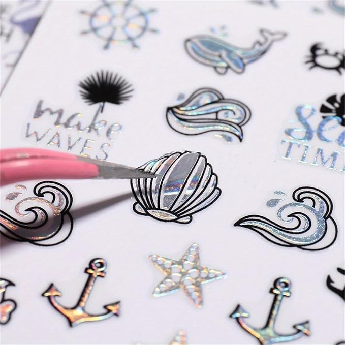 Summer Palm Tree Nail Art Stickers - Glitter Beach Mermaid Self-Adhesive Nail Decals for DIY Anchor Shell Coconut Tree Flamingo Manicure (6 Sheets)