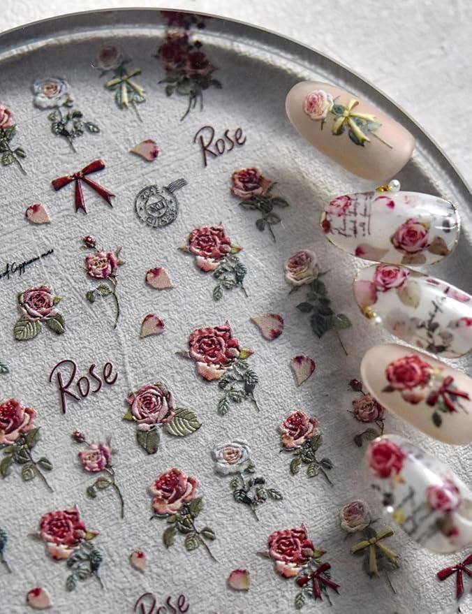 Retro Rose Nail Stickers 5D Embossed – Premium Salon-Quality Floral Nail Charm Accessories, Easy Application & Self-Adhesive Roses Red Flower Decal for DIY Manicure, Nail Art, Press on, Home or Salon