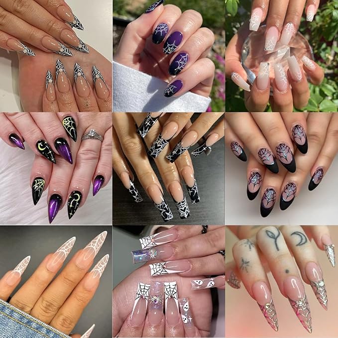 6 Sheets Halloween Nail Art Stickers Decals 3D Self-Adhesive Spider Nail Decals with Rhinestones Designs White Gold Rainbow Bow Spider Web Nails Decorations Holiday Nails Art Supplies for Women Girls
