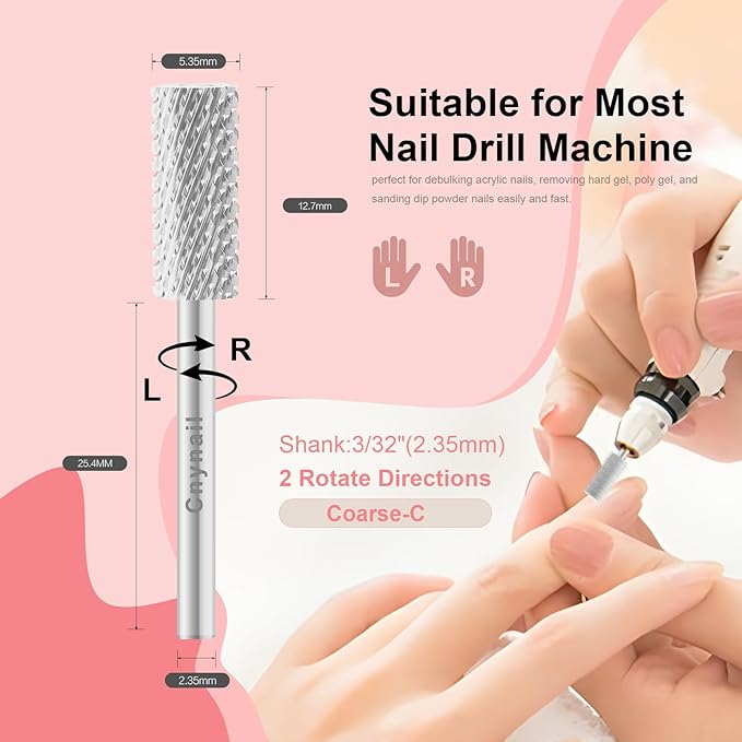 3/32" 5.35MM Small Barrel Flat Top Bit Tungsten Carbide Nail Drill Bit Safety Bit for Gel & Acrylic Removal, 2-Way Rotating Efile Tip, Salon Electric File Accessory (C Grit, Silver)
