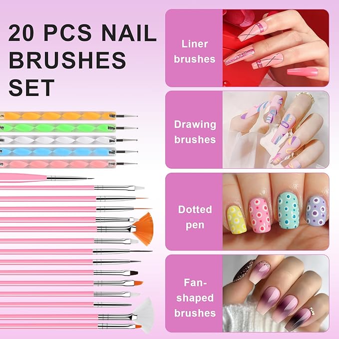 Nail Stand Brush Set, Magnetic Stands with Metal Base Art Palette, Reusable Nail Tips Display Practice Acrylic Holder with 200pcs Sticky Tabs and Tools for Home DIY Salon Supplies-Pink