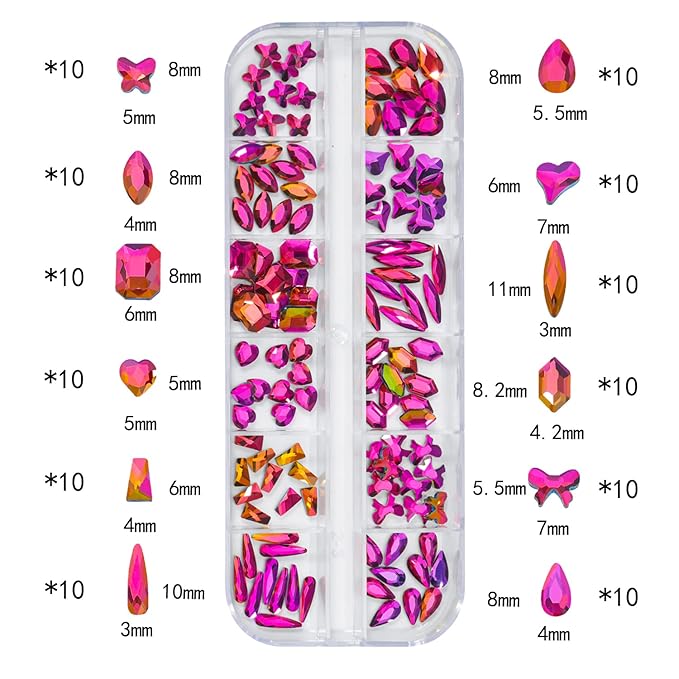 HNUIX Nail Rhinestones - 3D Multi Shape Size, Crystal Colorful Red Nail Gems, Flat Back, with Kit, for Nail Art, DIY Decorations
