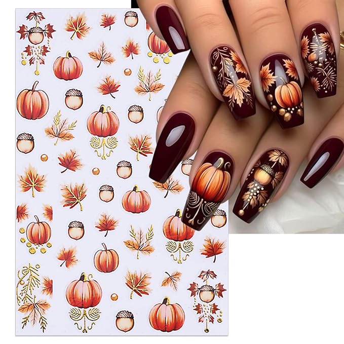 Fall Nail Stickers - Autumn Glitter Pumpkin Leaf Self-Adhesive 3D Nail Decals for Women Girls DIY Thanksgiving Day Manicure (5 Sheets)