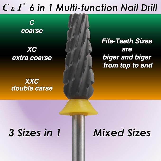C & I Nail Drill Bit 6 in 1 Multi-function Rounded End E-file, Diamond Coat, CNC Overall Cut Nail Tools for Nail Techs Quick Remove Acrylic Nail Gels & Nail Art (Special Coat, Double Coarse -XXC)