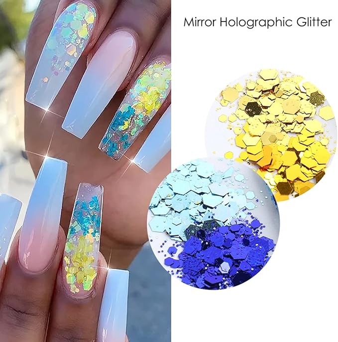 Mermaid Glitter Nail Art Sequins, 12 Colors Hexagon Shape Glitter Flakes Design, Holographic 3D Sparkly Acrylic Nails Supplies for Women Girls Manicure Shiny Decorations, DIY Resin Nail Art Tips