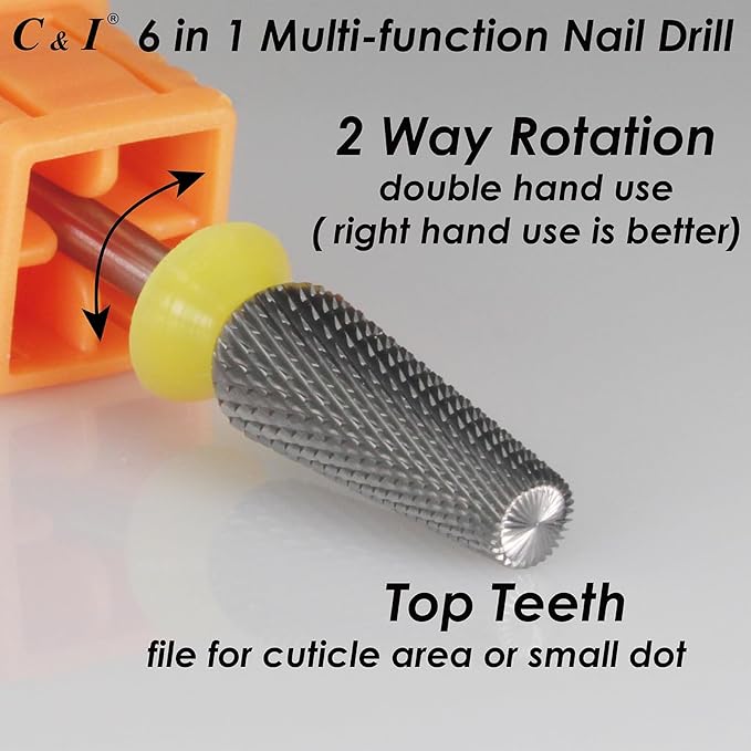 C & I Nail Drill Bit 6 in 1 Multi-function Rounded End E File, Tungsten Steel CNC Overall Cutting, Manicure Tool for Nail Tech Quick Remove Nail Gels, Acrylic Nails (Original, Extra Fine -XF)