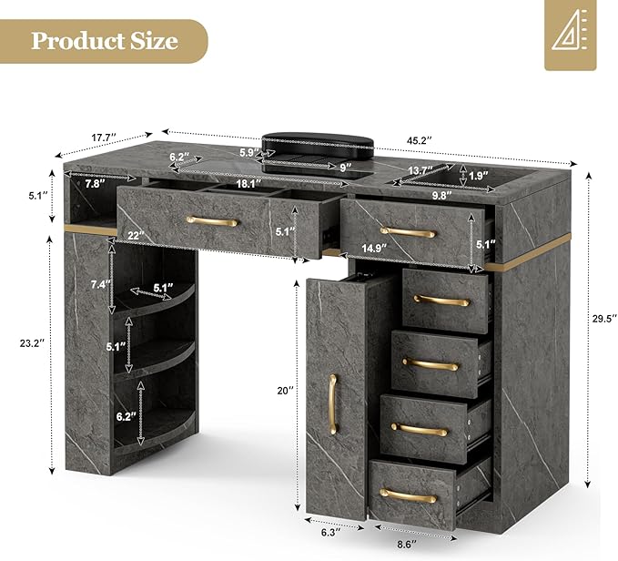 Nail Tech Table with Dust Collector, Glass Top Manicure Table Nail Desk Station w/7 Drawers & 3-Tiers Open Shelves, Nail Beauty Workstation w/Wrist Cushion & Golden Handles（Gray Marble Color）