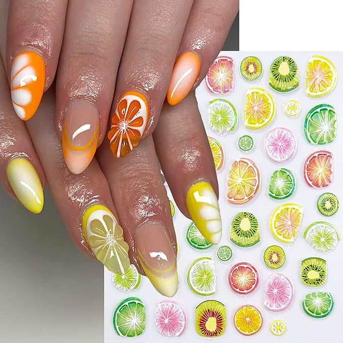 3 Sheets Summer Fruit Nail Stickers for Nail Art 5d Self-Adhesive Cute Flower Strawberry Nail Decals with Laser Designs Watermelon Grapes Nail Art Sticker Kiwi Lemon Nail Decal for Women Nails Supply