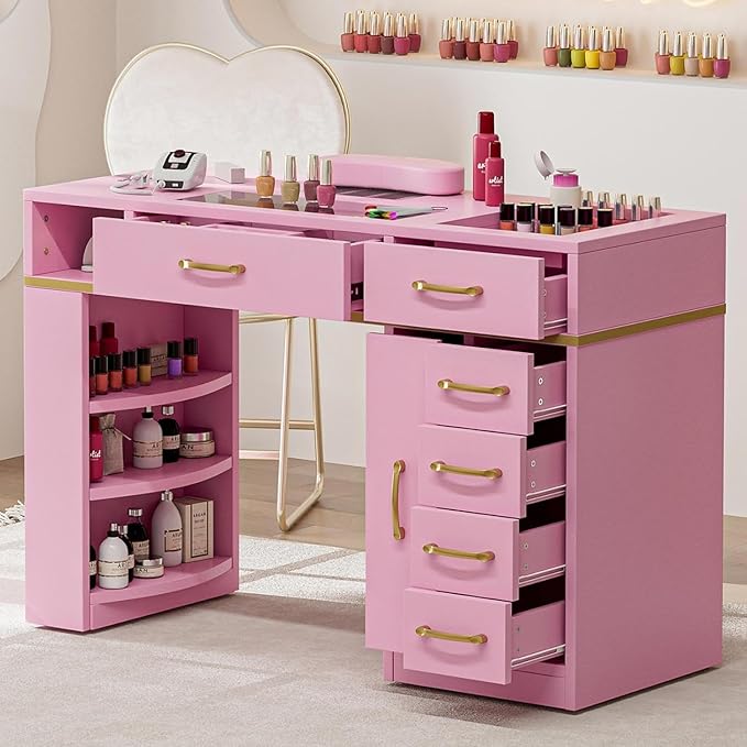 Nail Tech Table with Dust Collector, Glass Top Manicure Table Nail Desk Station w/7 Drawers & 3-Tiers Open Shelves, Nail Beauty Workstation w/Wrist Cushion & Golden Handles(Pink-New)