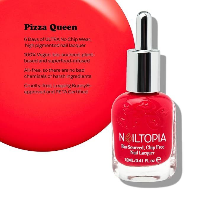 Nailtopia Bio-Sourced, Chip Free Nail Lacquer - All Natural, Strengthening Biotin and Superfood-Infused Polish - Chip Resistant Formula - Quick-Dry, Long Lasting Wear - Pizza Queen - 0.41 oz