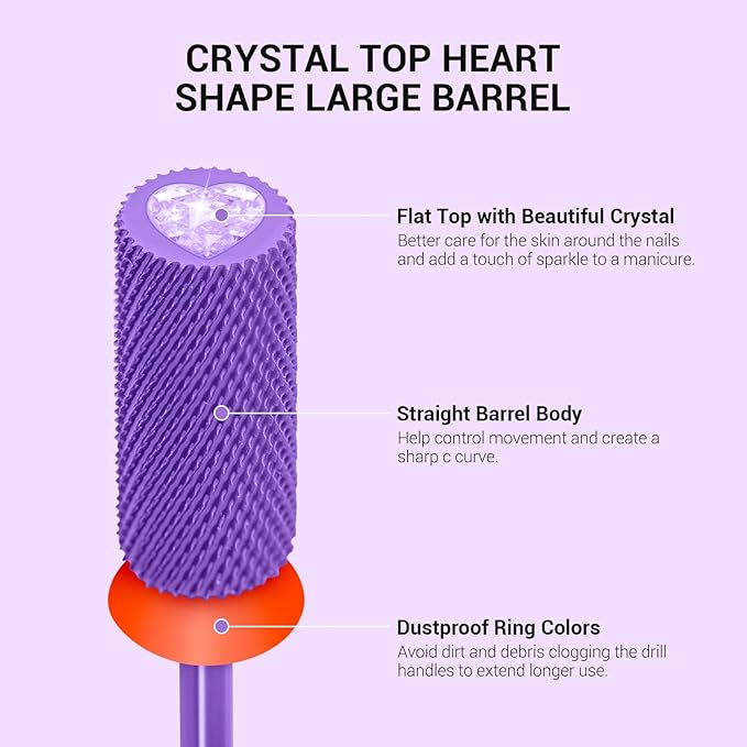 MelodySusie Large Barrel 3/32'' Tungsten Carbide Nail Drill Bit, Crystal Top Purple Heart Shape, Fast Remove Acrylic Gel, Cuticle Gel Polishing for Manicure Pedicure, Purple, Series Bit-S, Fine