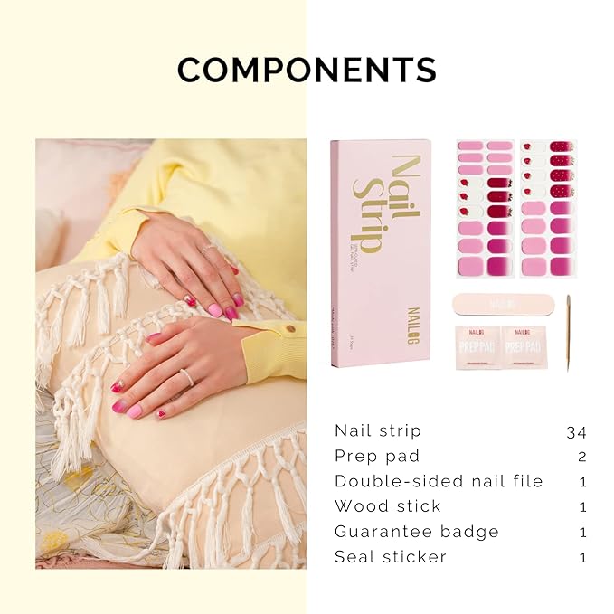 NAILOG Semi Cured Gel Nail Strips, 34 pcs Salon-Quality Gel Nail Stickers, Long Lasting Nail Wraps for Women with Soft Gel Finish | Strawberry Love