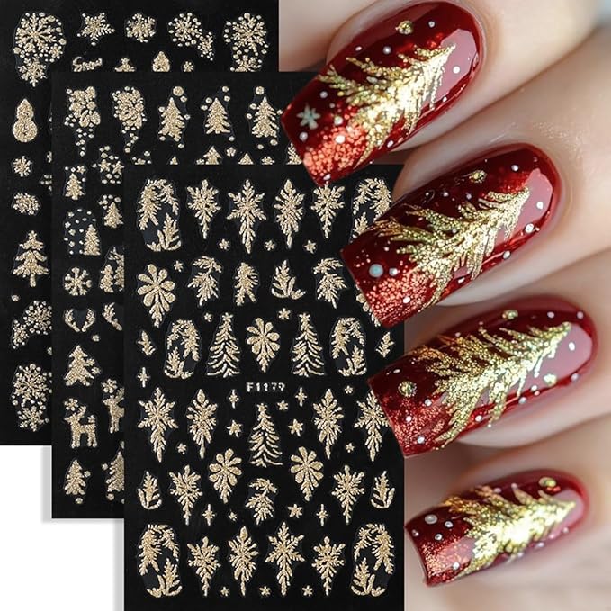Christmas Nail Art Stickers Decals Gold Glitter Snowflake Snowy Tree Nail Decals 6PCS Snowflakes Deer Snowman Bell Leaf Christmas Nails Design Adhesive Stickers Manicure Nail Art Supplies for Women