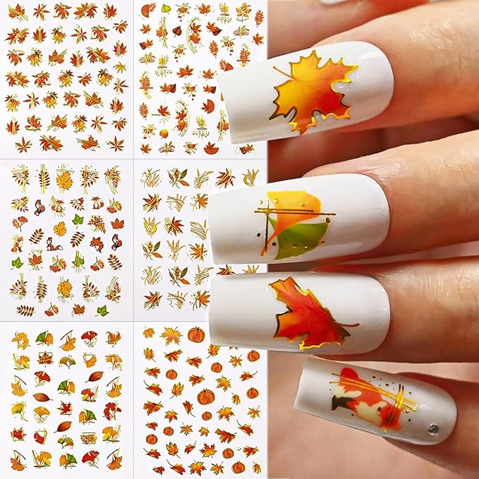 6 Sheets Fall Maple Leaf Nail Art Stickers 3D Self-Adhesive Glitter Gold Gilding Line Nail Design Stickers Cute Fox Pumpkin Nail Decals Thanksgiving Nail Art Decorations for Women Acrylic Manicure DIY