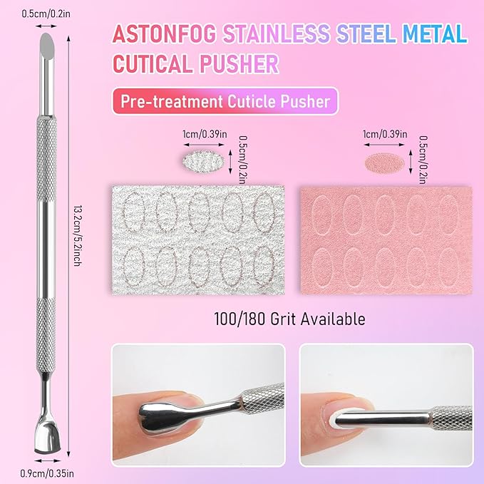 Pre-Treatment Cuticle Pusher, Dual Ended Cuticle Remover Russian Prep Nail Pushers with 100/180 Grit Sandpaper Sheets, Nail Care for Manicure Pedicure Nail Art and Foot Salon Home