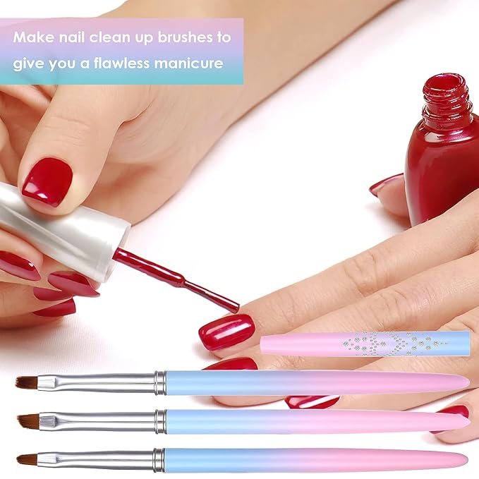 cobee 3 Pack Nail Painting Clean Up Brushes, Nail Art Clean Up Brushes - Round, Angled, Flat