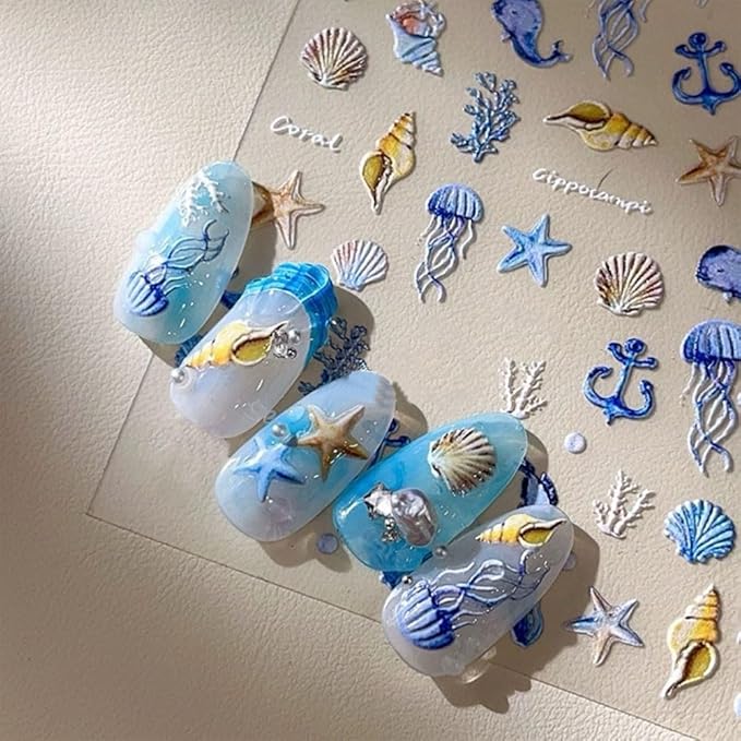 4 Sheets Ocean Life Nail Art Stickers, 5D Embossed Self-Adhesive Starfish and Shell Nail Stickers Summer Sea Theme Design for Women Girls DIY Nail Salons Manicure Decoration