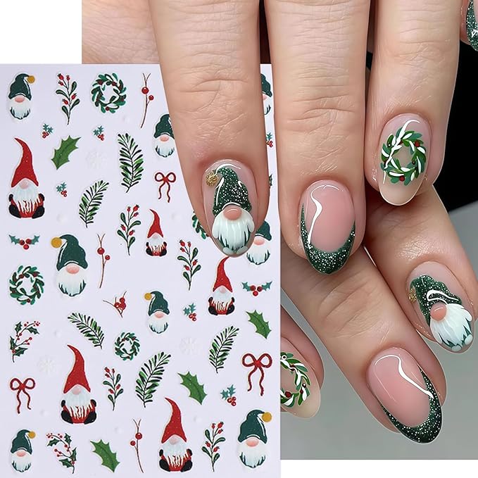 6 Sheets Christmas Nail Art Stickers Gingerbread Man Nail Stickers 3D Christmas Tree Santa Claus Nail Decals Winter Cartoon Christmas Light Design Nail Supplies for Women New Year DIY Manicure Decor