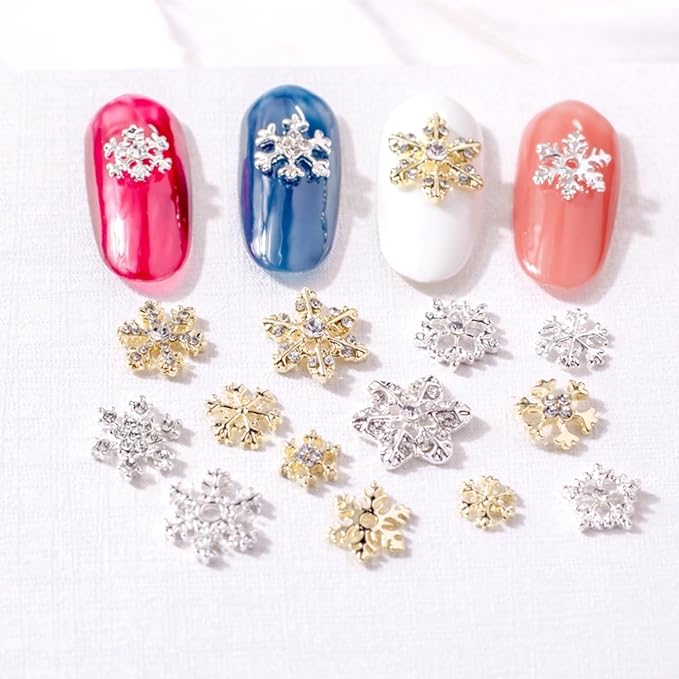 28 Pcs Christmas Nail Art Charms - Gold & Silver Snowflake NailArt Rhinestones & Gems for Acrylic Nails