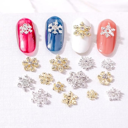 28 Pcs Christmas Nail Art Charms - Gold & Silver Snowflake NailArt Rhinestones & Gems for Acrylic Nails