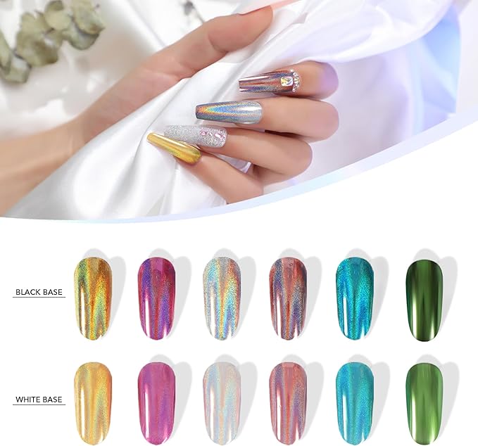 16 Colors Mirror Chrome Nail Powder Set Mirror Effect Holographic Chameleon Pigment Chrome Iridescent Pearlescent Powder for Nail Art Decoration Glitter