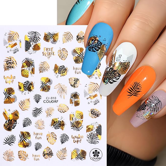 Fall Maple Leaves Nail Art Stickers for Thanksgiving, Gold Maple Leaves Nail Decals 3D Self-Adhesive with Flowers Butterfly Design 6Pcs Laser Gold Glitter Nail Art Supplies for Women Nail Decoration
