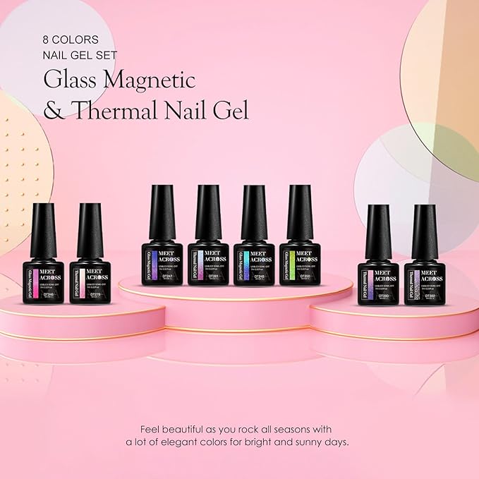 MEET ACROSS 8pcs Cat Eye Gel Nail Polish Set, Soak off UV LED Lamp Home Manicure Kit 7ml (Cat Eye + Glitter Warm Up)