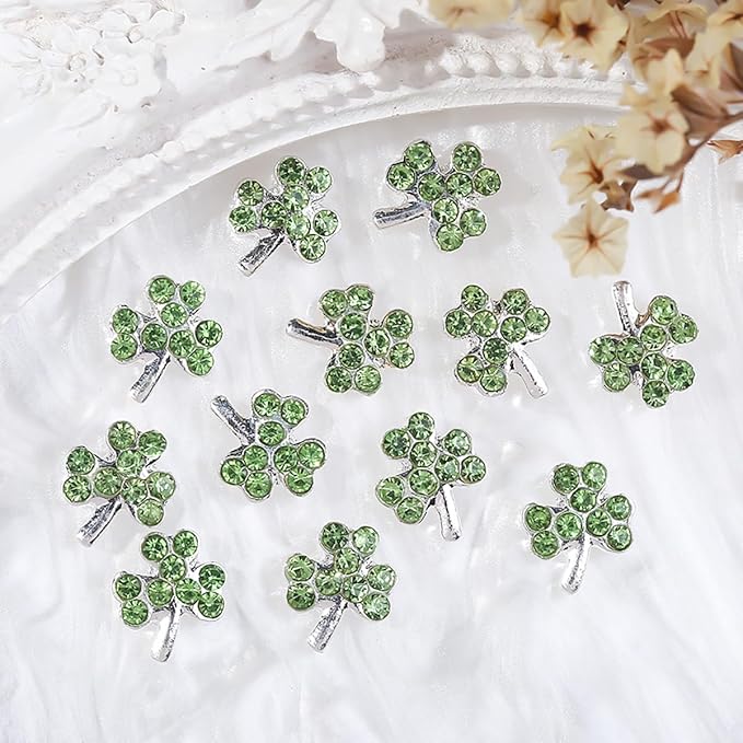 20Pcs Shamrock Nail Charms and Gems 3D Metal St Patricks Nail Charms with Diamond Design Irish Clover Nail Rhinestone Charms Alloy Green Charms Decoration for Women Girls