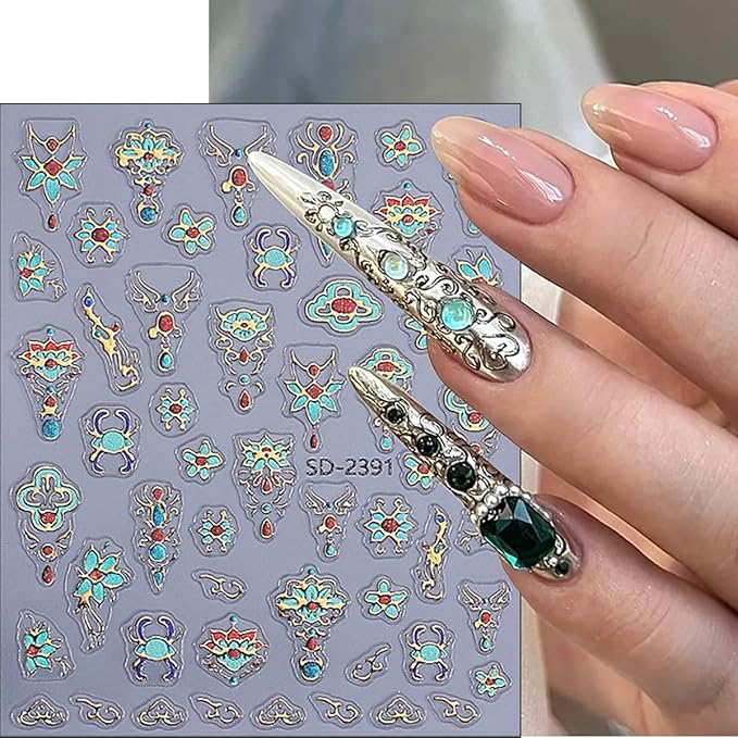 3 Sheets Bohemian Nail Stickers 5D Embossed Vintage Dunhuang Nail Decals Chinese Style Nationality Gems Flower Nail Art Stickers Bronzing Nail Design Supplies for Women DIY Luxury Manicure