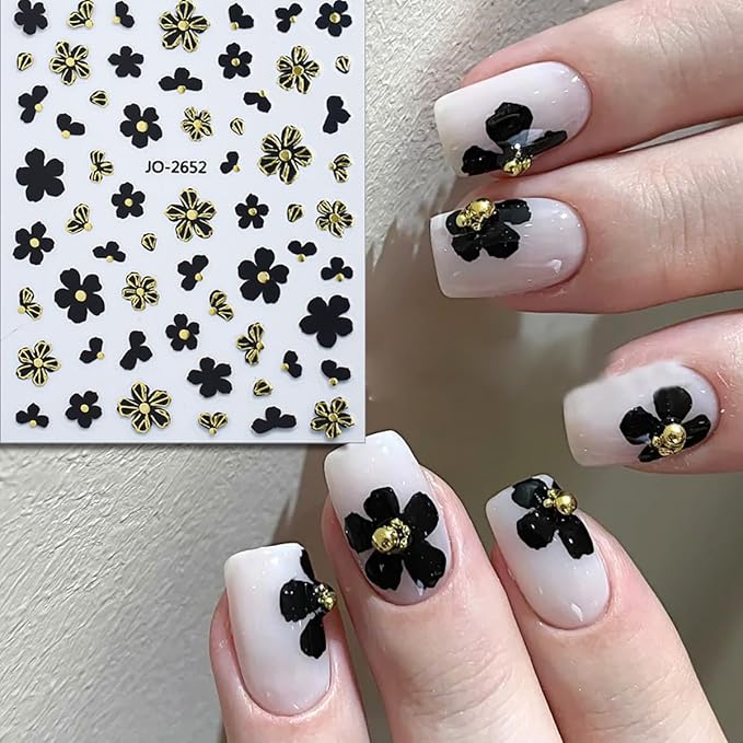 Flowers Nail Art Stickers - Black, Gold, Silver, White 3D Self-Adhesive Decals for Acrylic DIY Nail Decorations - Fall Flower Charms for Women - 6 Pcs