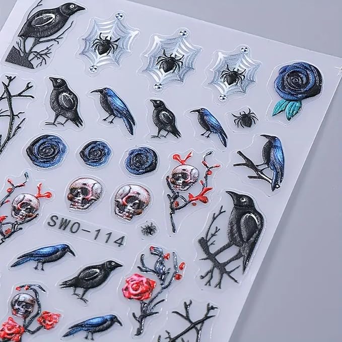 2 Sheets Halloween Nail Art Stickers 5D Embossed Black Bird Nail Decals Dark Skull Crow Dead Tree Nail Design Manicure Sliders Self-Adhesive Horror Halloween Nail Accessories for Women Nail Art
