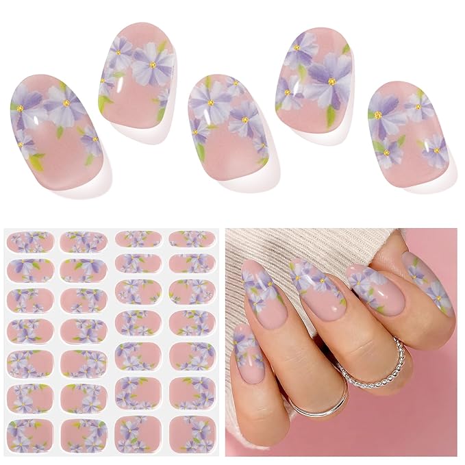 Semi Cured Gel Nail Strips, Eustoma | 28 pcs Gel Nail Strips Work with Any UV Lamp, Salon Quality UV Nails Stickers, Easy to Apply for Home Nails DIY