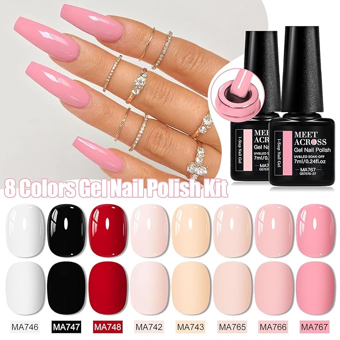 MEET ACROSS 1 Step Gel Polish Set Nail Art Manicure 3 in 1 Gel Kit Soak Off LED Gel Nail Varnishes No Need base gel top coat (Set-3, 8PCS)