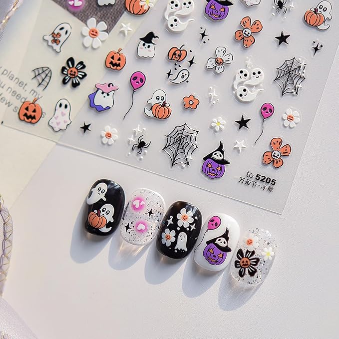 5D Embossed Cute Halloween Nail Art Stickers Self-Adhesive Ghost Nail Stickers with Spider Web Pumpkin Flower Designs Sticker Goth Nail Decals Holiday Nail Decorations for Women Acrylic Manicure Tips