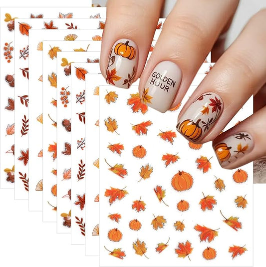 8 Sheets Fall Nail Stickers for Nail Art, 3D Self-Adhesive Bronzing Thanksgiving Nail Decals Pumpkin Maple Leaf Ginkgo Leaves Designs Nails Decorations Autumn Nail Art Supplies for Women