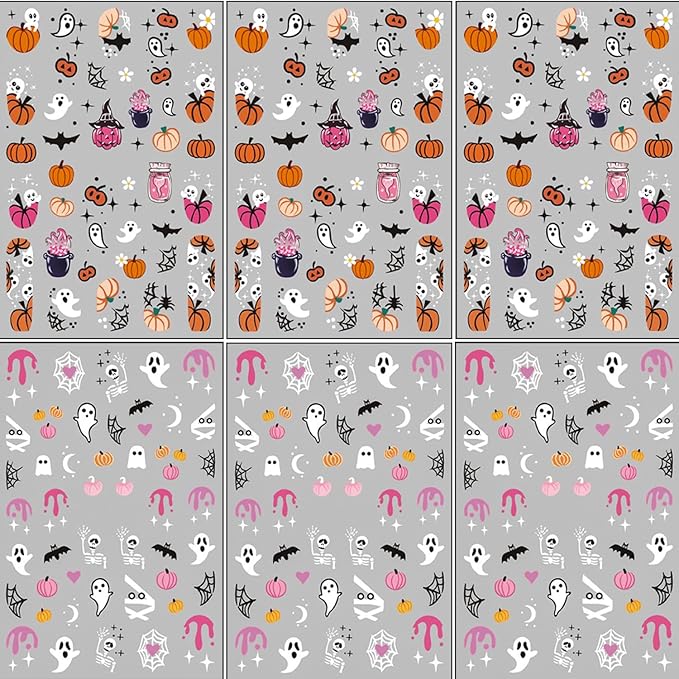 6 Pcs Halloween Nail Art Stickers,3D Self-Adhesive Nail Decals Ghost Cute Pumpkin Bat Cat and Skull Designs Nail Decorations Halloween DIY Manicure Supplies for Women Girls