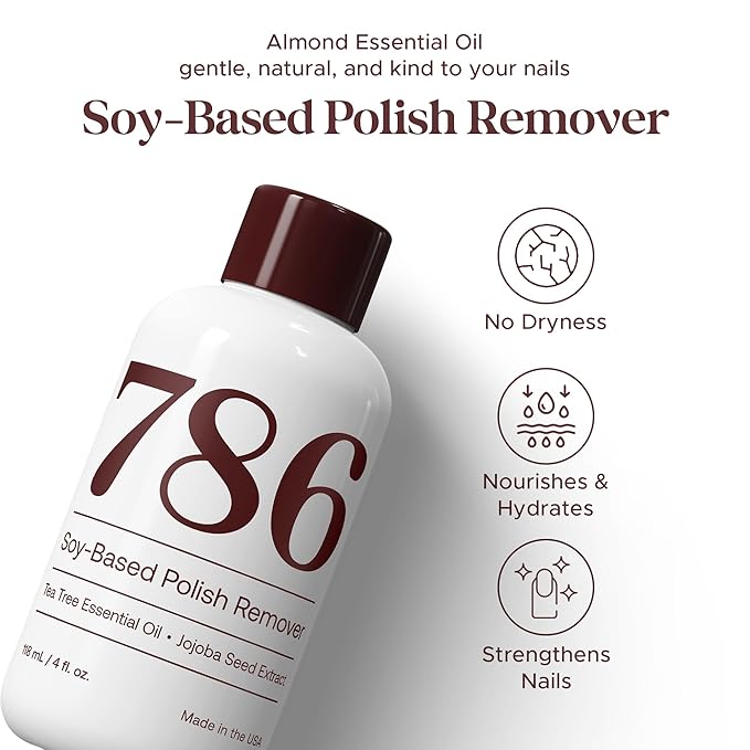 786 Cosmetics Soy-Based Nail Polish Remover - Acetone Free, with Almond Essential Oil, Gentle Nail Polish Remover, Non-Toxic, Non-Flammable, Promotes Healthy & Moisturized Nails