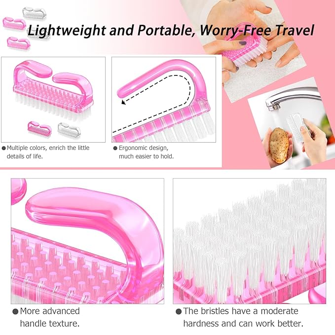 4-Pack Handle Grip Nail Brush, Hand Fingernail Brush Cleaner Scrubbing Kit Pedicure for Toes and Nails Men Women(Pink + Clear)