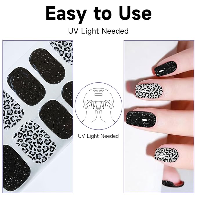 Semi Cured Gel Nail Strips,28 pcs Gel Nail Stickers, Work with Any UV Lights, Long-Lasting, NailWraps for Women DIY Gift, Easy to Apply & Remove