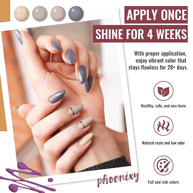 phoenixy 50 Pcs Gel Nail Polish Set, 42 Colors Nail Polish with 2 Base Coat & 4 Effects Top Coat Red Brown Colors Gel Polish Kit Nail Starter Set Gifts for Women Girls