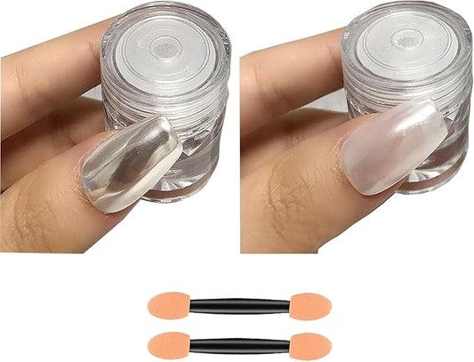 2PCS Moonlight White Chrome Nail Powder, Pearl Nail Powder High Gloss Mirror Effect Pearlescent Iridescent Glitters Powder for Nails Art Design 2 Colors