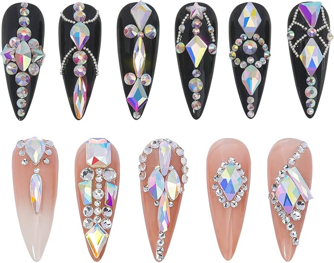 Multi Shapes AB 3D Glass Crystal Nail Rhinestones Kit Mix 0.8mm Silver Nail Round Beads Charm Flatback Gems 5 Grids Flatback Rhinestones Stone Diamond for Manicure Makeup DIY Decoration