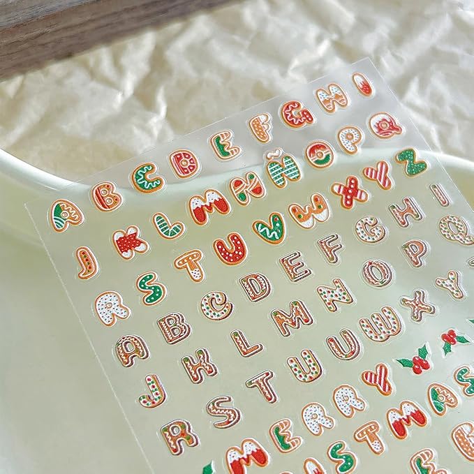Christmas 5D Embossed Nail Art Stickers - Letter Decals, Sanding Design, Cute Winter Holiday Supplies for Women DIY - English Colour Alphabet, Cute Winter Holiday Theme