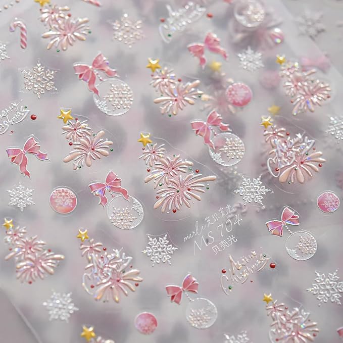 1 Sheets Pink Fireworks Christmas Tree Nail Art Stickers 5D Embossed Christmas Bow Nail Stickers Pink Glitter Snowball Tree Nail Decals Acrylic Nail Supplies for Women Girls DIY Nail Decoration
