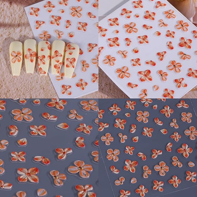 4sheets 5D Embossed Flower Nail Art Stickers Self Adhesive Fall Yellow Flowers Nail Stickers Autumn Orange White Daisy Nail Decals Orange Petal Daisies Nails Supplies for Women Manicure Accessories