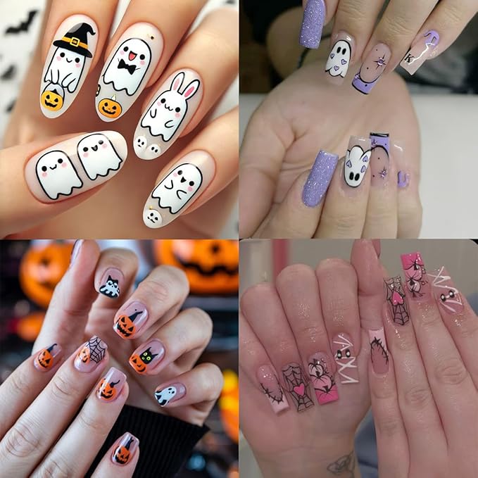 8Pcs Halloween Nail Stickers Cute Rabbit Ghost Nail Decals 3D Self Adhesive Pumpkin Spider Web Design Fall Nail Art Stickers Horror Ghost Nails Supplies French Sticker for Holiday Manicure Decoration