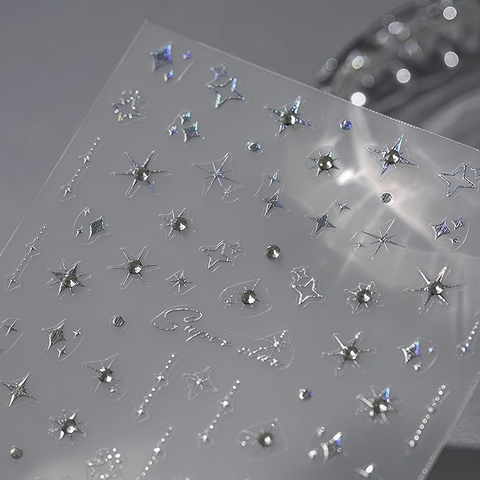 Glitter Diamond Stars Nail Art Stickers 3D Self-Adhesive Crystal Silver Decals Luxury with Rhinestones Stars Charms Design Stickers for Women DIY Manicure Decorations