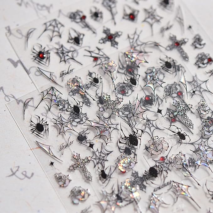 Halloween Nail Art Stickers Spider Web Spider Nail Decals 5D Crystal Diamond Nail Stickers Black Spider Web Spiders Cross Rose Nail Art Supplies Halloween Nail Accessories for Women Nails Decorations